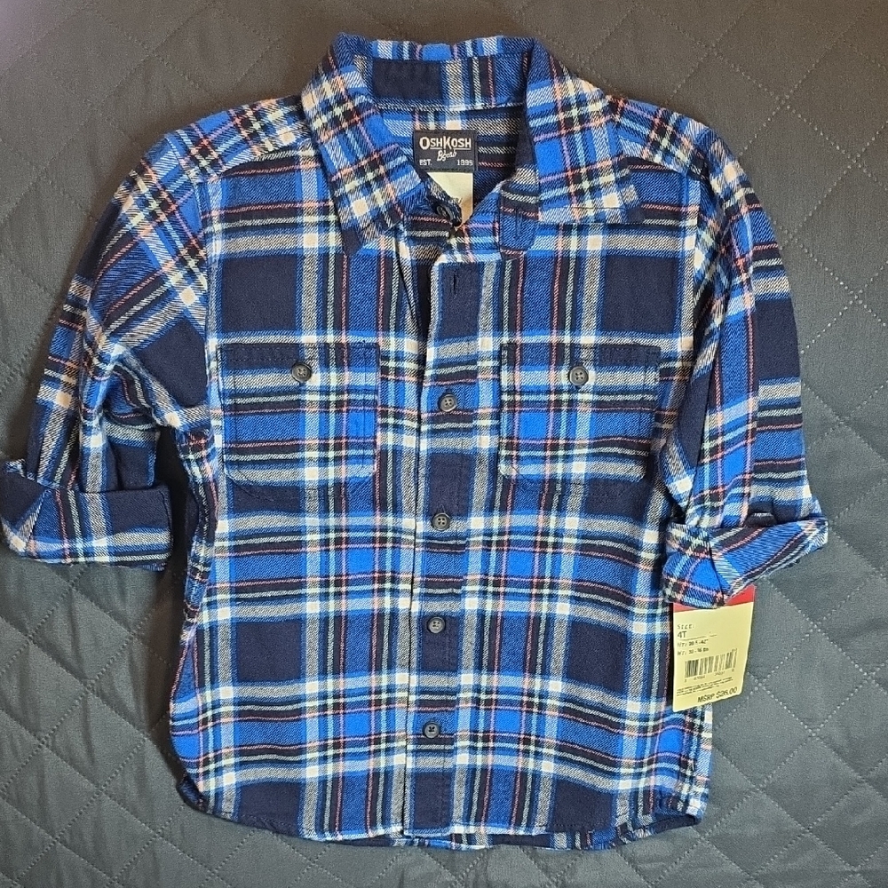 OshKosh B'gosh Flannel Navy and White Plaid Button Down Long Sleeve Shirt